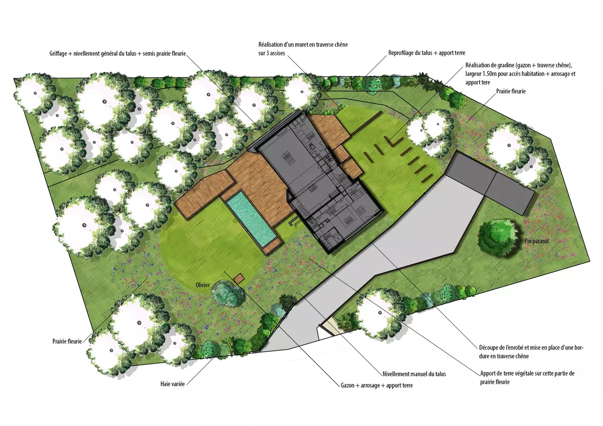 Plan d'aménagement de jardin avec l'intégration d'une piscine sur un terrain en pente, un espace garage, un escalier permettant de gérer le dénivelé, une terrasse en bois et diverses plantations en harmonie avec les essences présentes aux alentours.