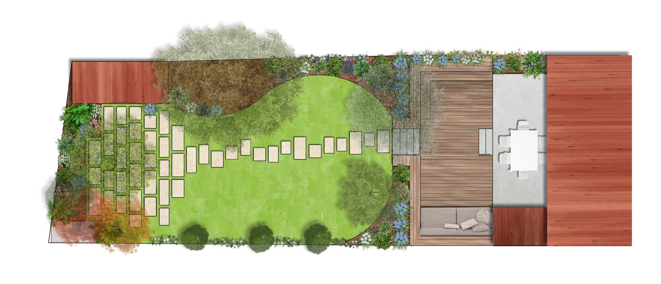 Plan d'aménagement d'un jardin d'échoppe avec la réalisation de massifs paysagers, et d'un espace détente au fond du jardin