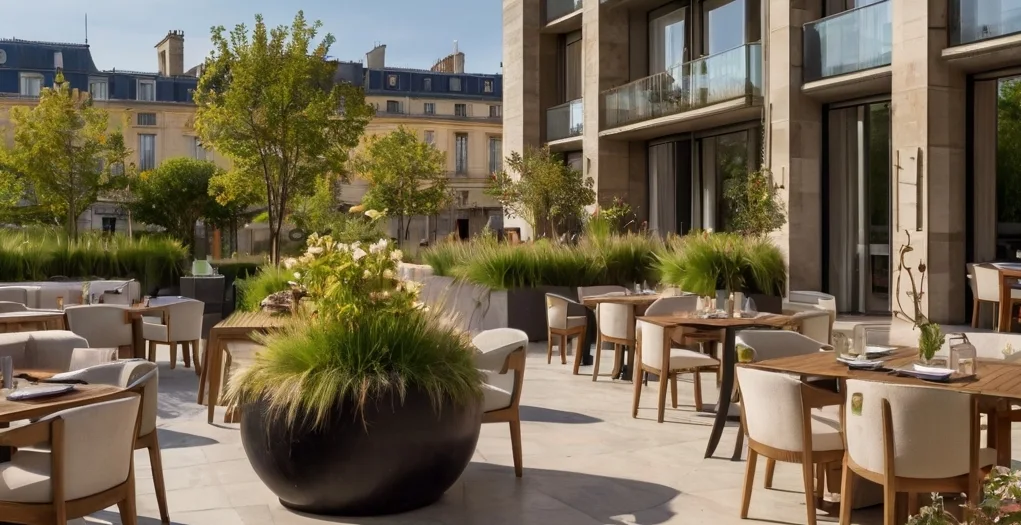 Exemple d'un aménagement de terrasse à Bordeaux. Celui-ci concerne un hôtel avec un espace restaurant extérieur. On voit divers massifs modernes réalisés dans des pots afin de végétalise l'espace restauration. 