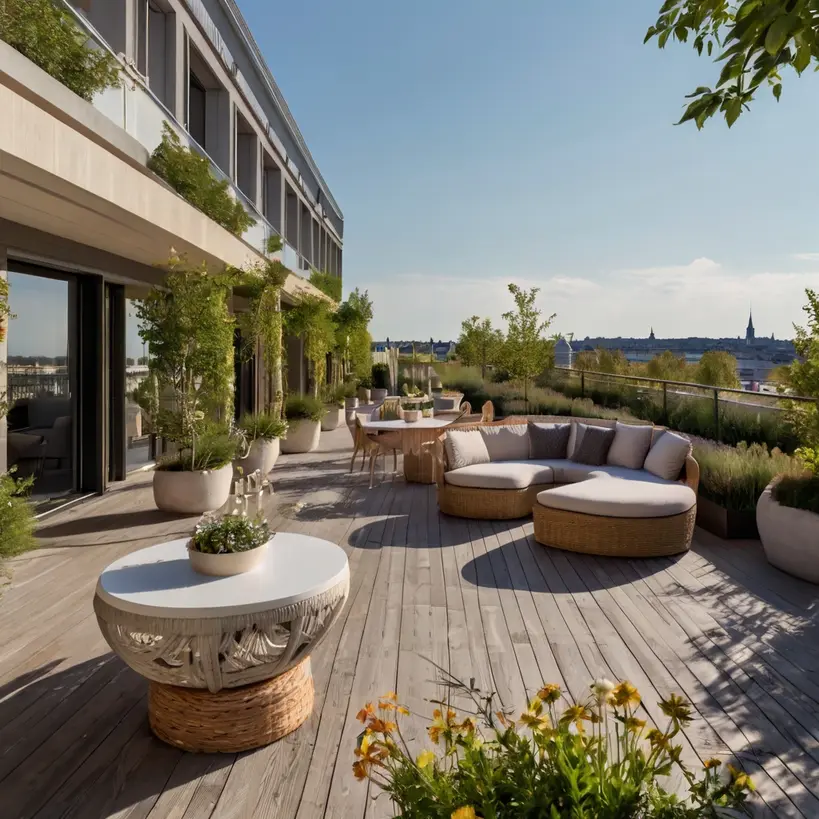 Photo d'une terrasse d'hôtel à Bordeaux réalisée par notre architecte paysagiste avec l'aide de l'IA