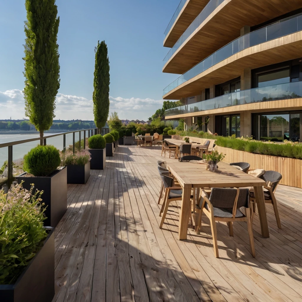 Photo d'une terrasse aménagée au bord de la Garonne à Bordeaux, cette photo a été réalisée par notre architecte paysagiste via un outil d'IA