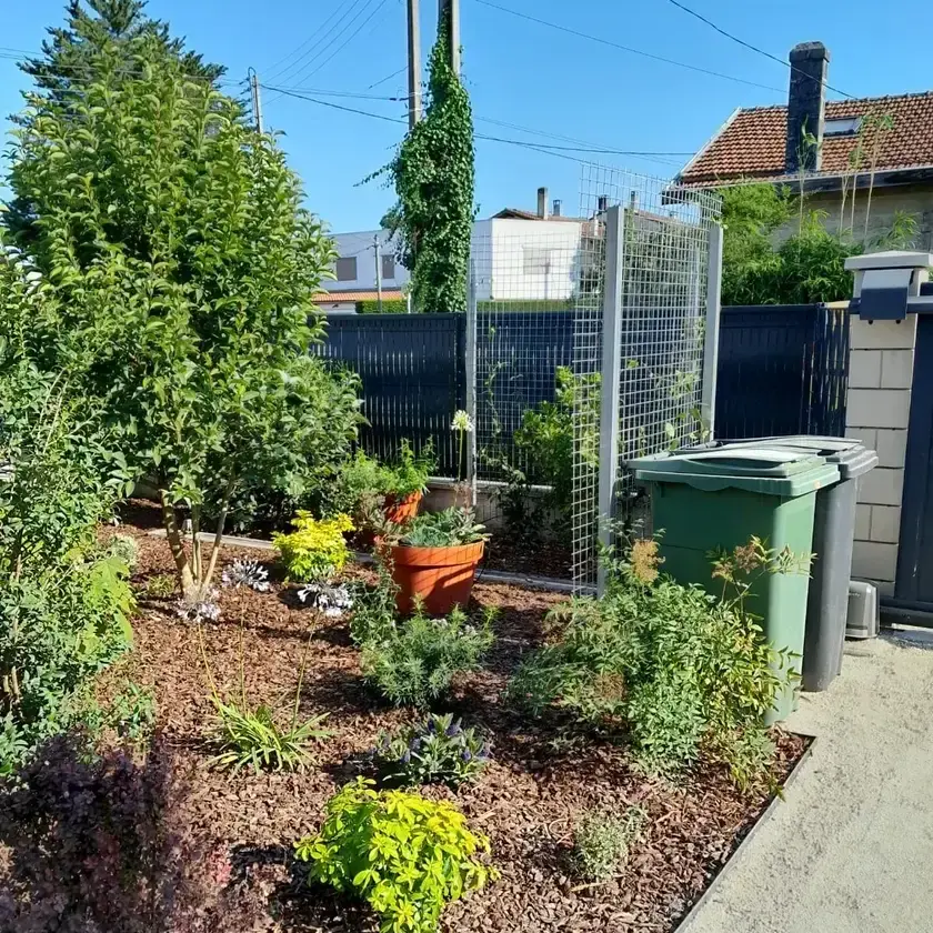 Photo du jardin aménagé avec un espace poubelle, un espace stationnement, divers massifs de jardin et une treille avec un faux jasmin pallissé.