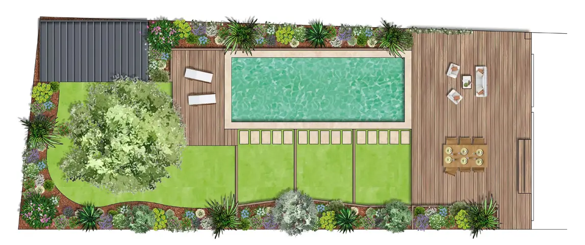 Plan d'aménagement d'un jardin d'échoppe avec la réalisation de massifs paysagers, et d'un espace détente au fond du jardin