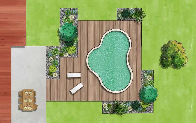 Plan de jardin avec une vue aérienne permettant au client d'imaginer leur jardin sur l'ensemble.