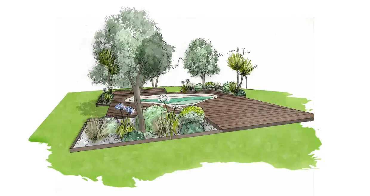 Dessin de jardin réalisé par notre architecte paysagiste à Bordeaux. On peut y voir une piscine, une terrasse bois et divers massifs paysager. 