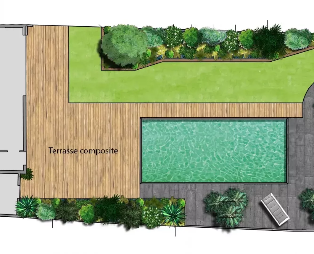 Plan de conception avec terrasse, piscine, et jardinires